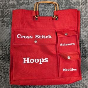 Vintage Red Cross Stitch Organizer Tote Bag Bamboo Handles Craft Storage 14x14x4